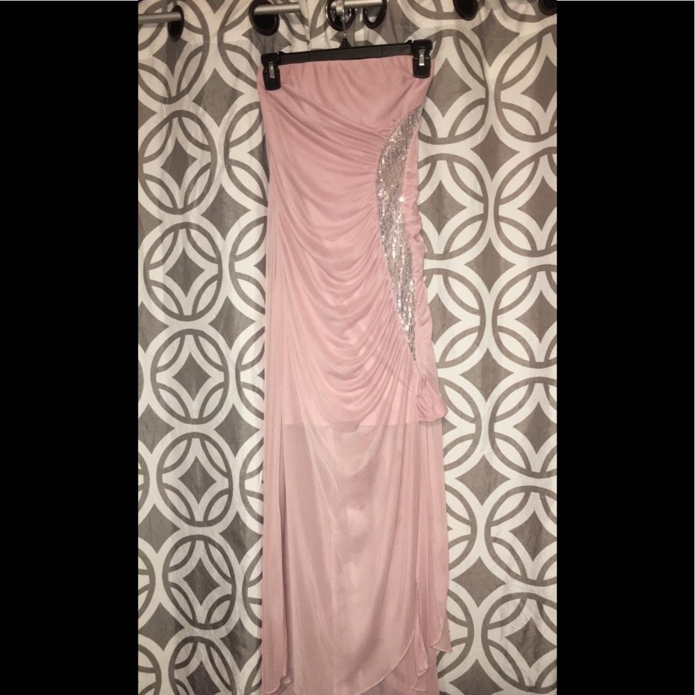 Pink strapless ruched dress with side split